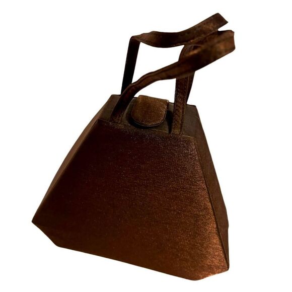Super Unique Vintage 80s / 90s Brown 3D Trapeze Metallic Cloth Evening Handbag - Picture 1 of 8